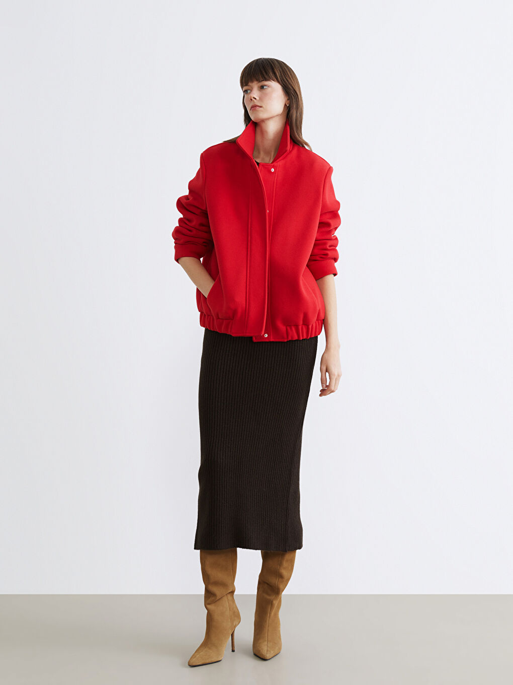 Kırmızı Polo Yaka Kadın Bomber Kaşe Ceket-1