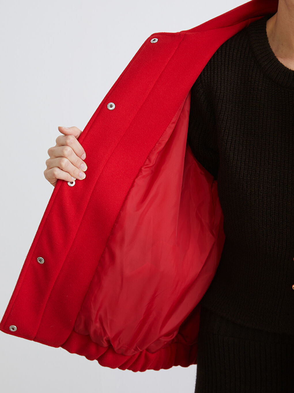 Kırmızı Polo Yaka Kadın Bomber Kaşe Ceket-3