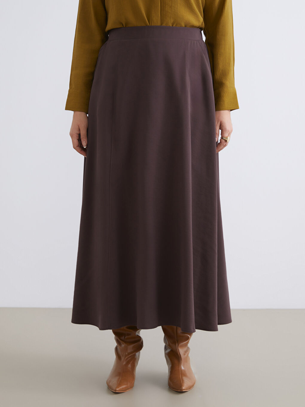 Kahverengi Büyük Beden Beli Lastikli A Kesim Etek-1