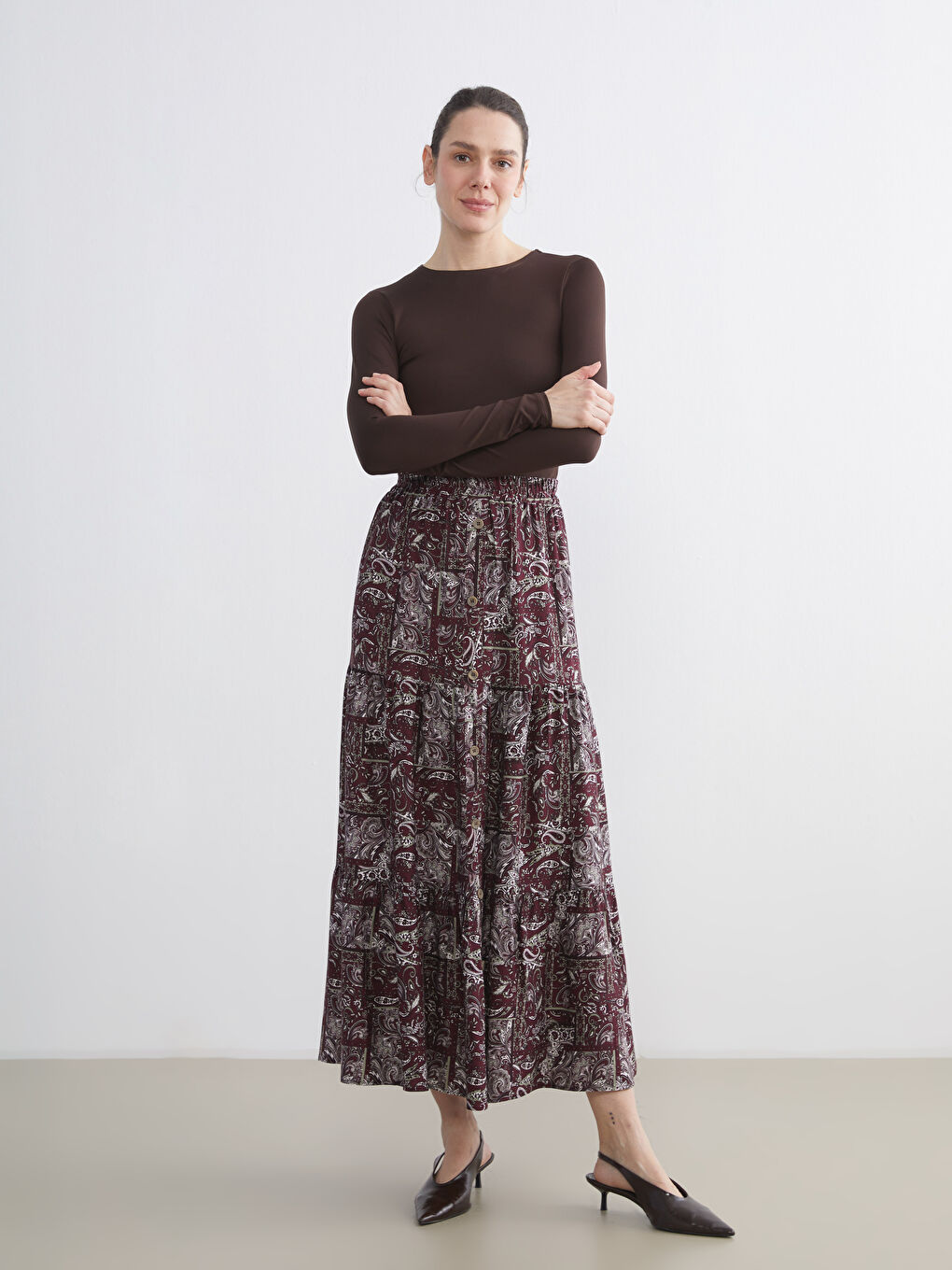 Bordo Beli Lastikli Desenli Kloş Etek