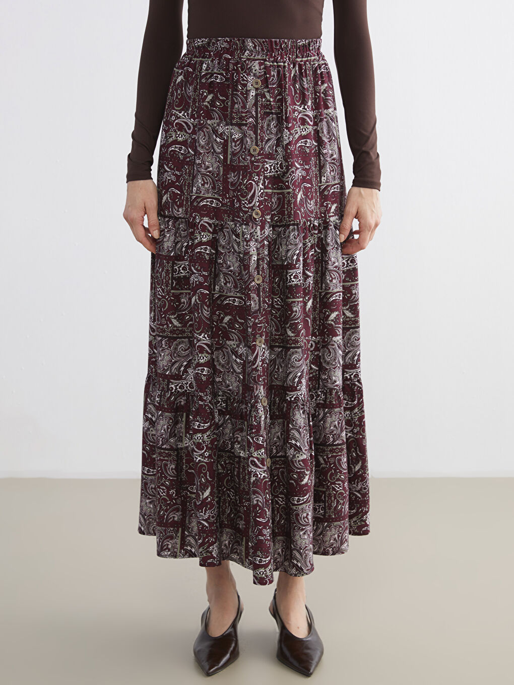 Bordo Beli Lastikli Desenli Kloş Etek-1