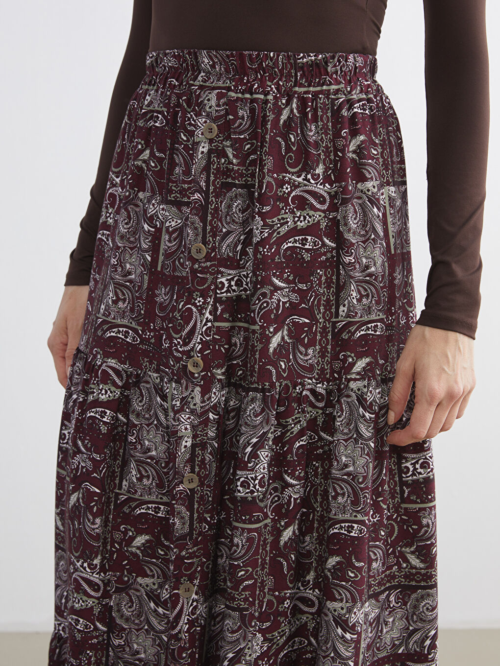 Bordo Beli Lastikli Desenli Kloş Etek-2