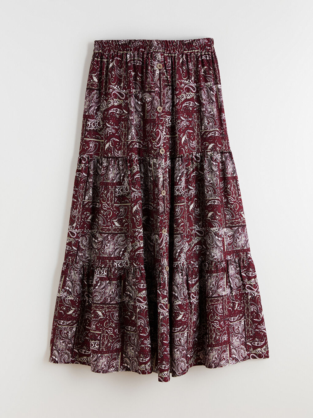 Bordo Beli Lastikli Desenli Kloş Etek-4