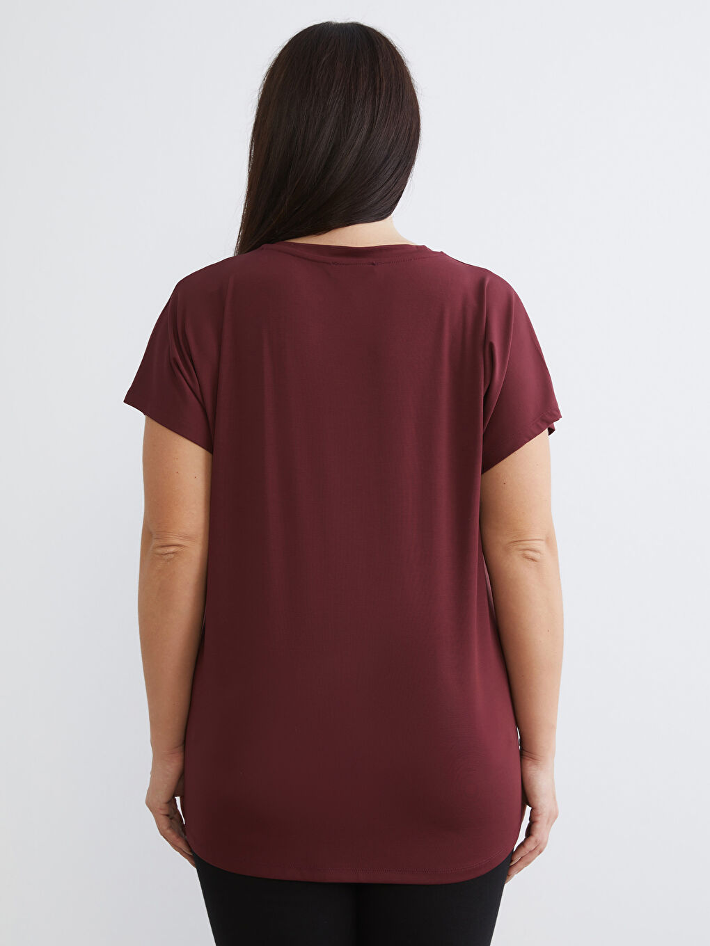 Bordo Büyük Beden V Yaka Kadın Tişört-3