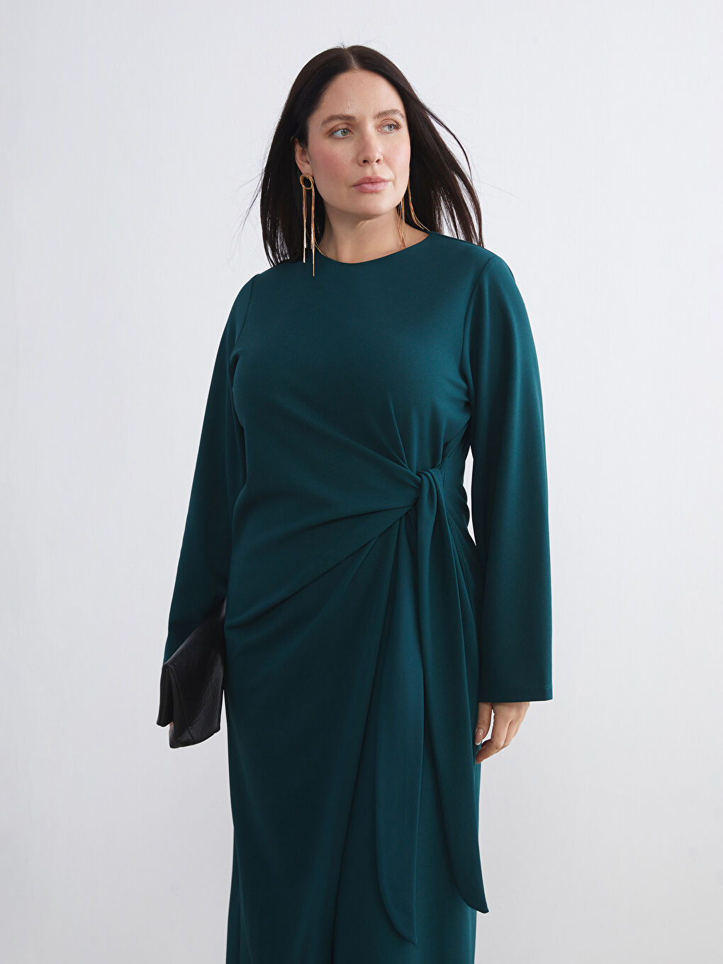 Petrol Büyük Beden Bisiklet Yaka Büzgülü Elbise-2