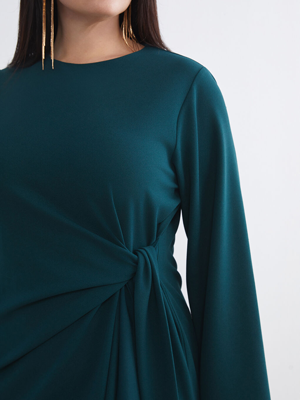 Petrol Büyük Beden Bisiklet Yaka Büzgülü Elbise-4