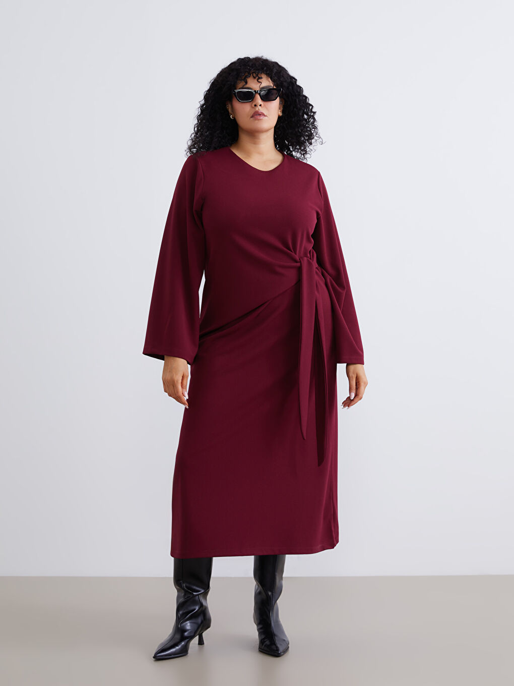 Bordo Büyük Beden Bisiklet Yaka Büzgülü Elbise-1