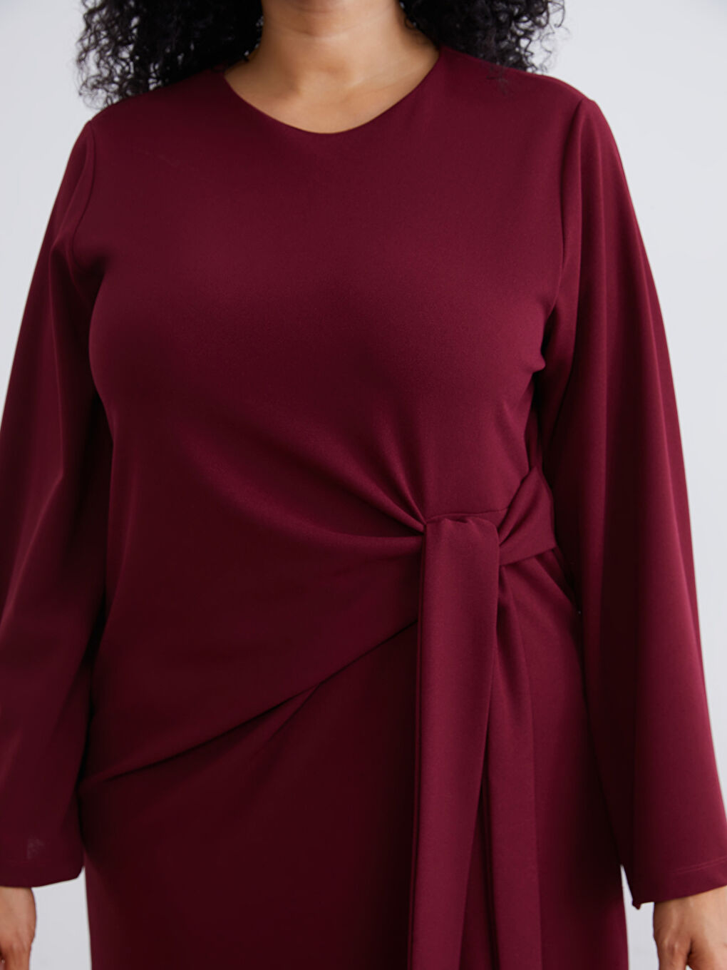 Bordo Büyük Beden Bisiklet Yaka Büzgülü Elbise-2