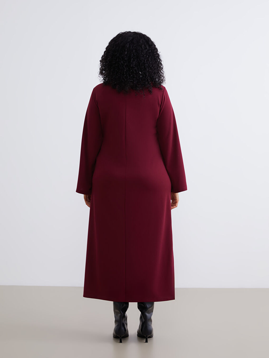 Bordo Büyük Beden Bisiklet Yaka Büzgülü Elbise-3