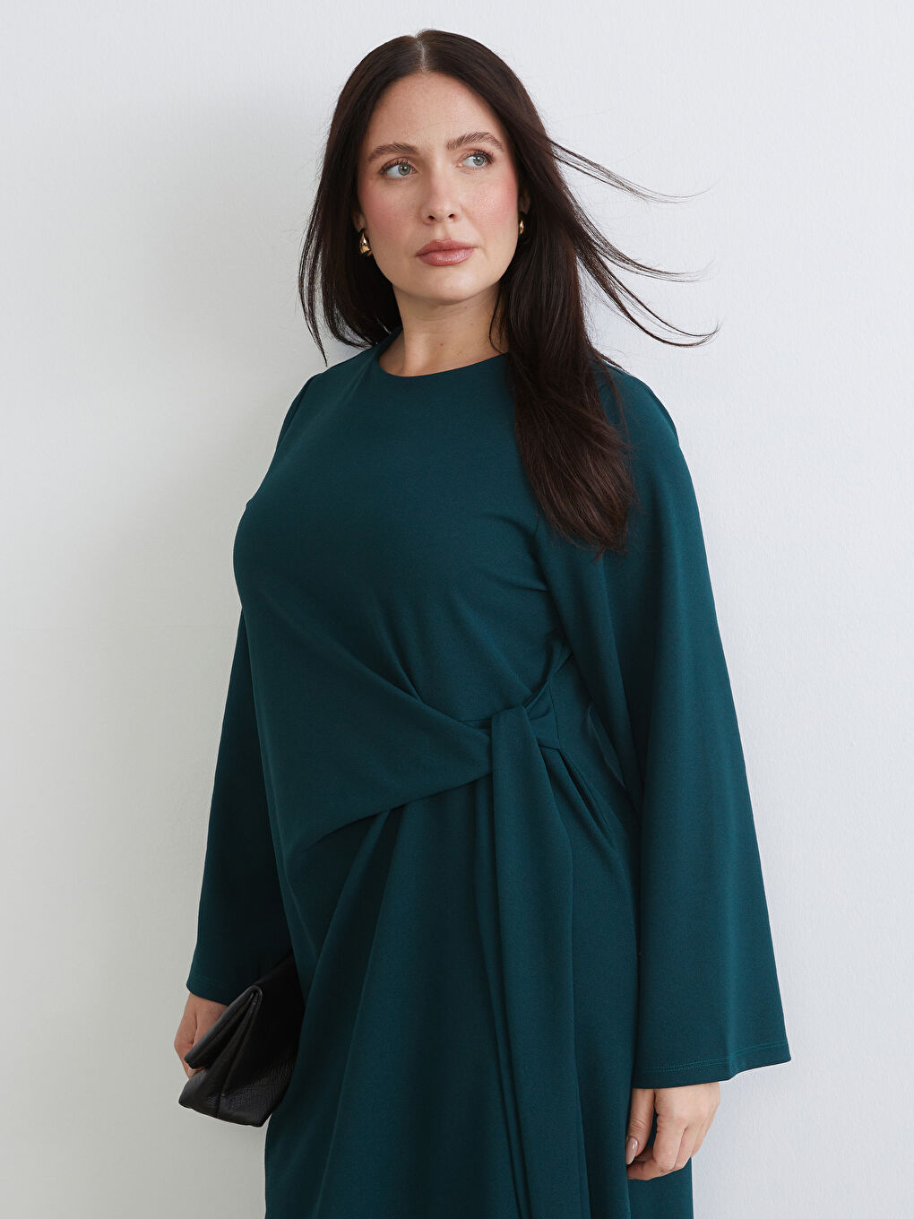 Petrol Büyük Beden Bisiklet Yaka Büzgülü Elbise-1