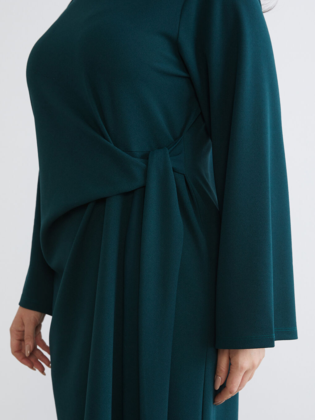 Petrol Büyük Beden Bisiklet Yaka Büzgülü Elbise-3