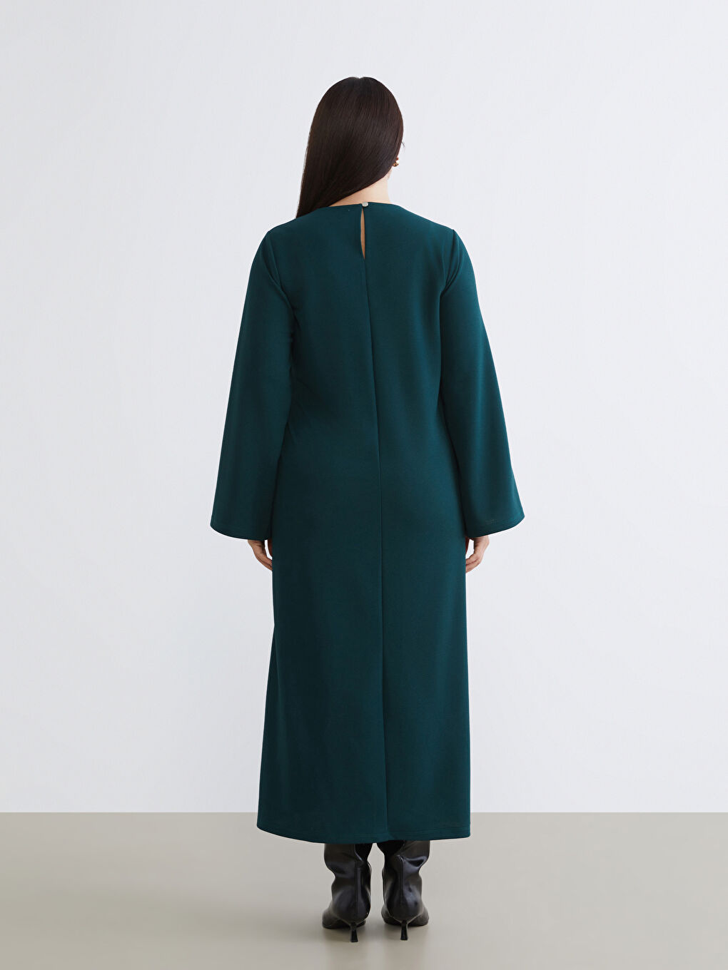 Petrol Büyük Beden Bisiklet Yaka Büzgülü Elbise-5