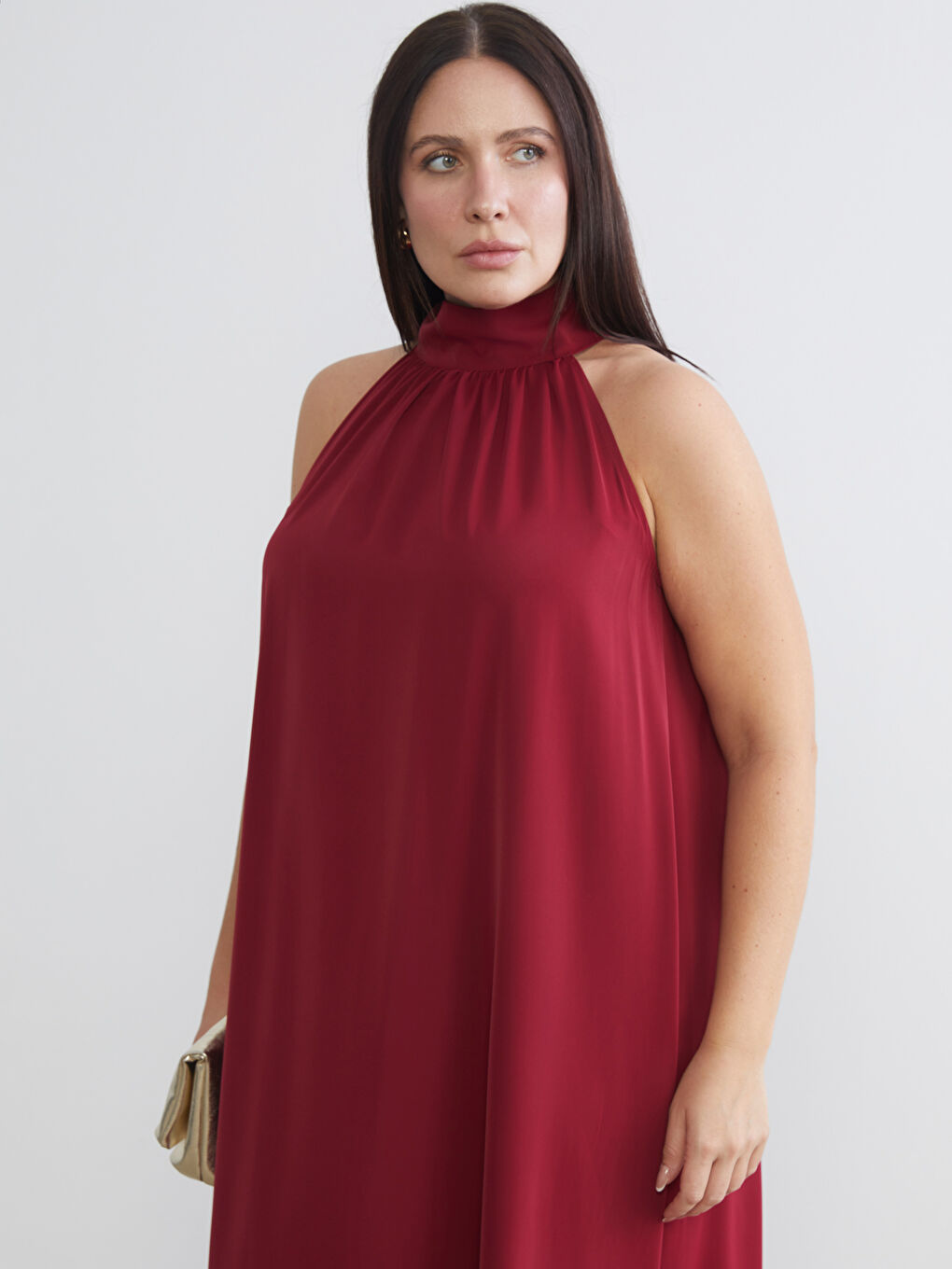Bordo Büyük Beden Halter Yaka Büzgülü Elbise-1