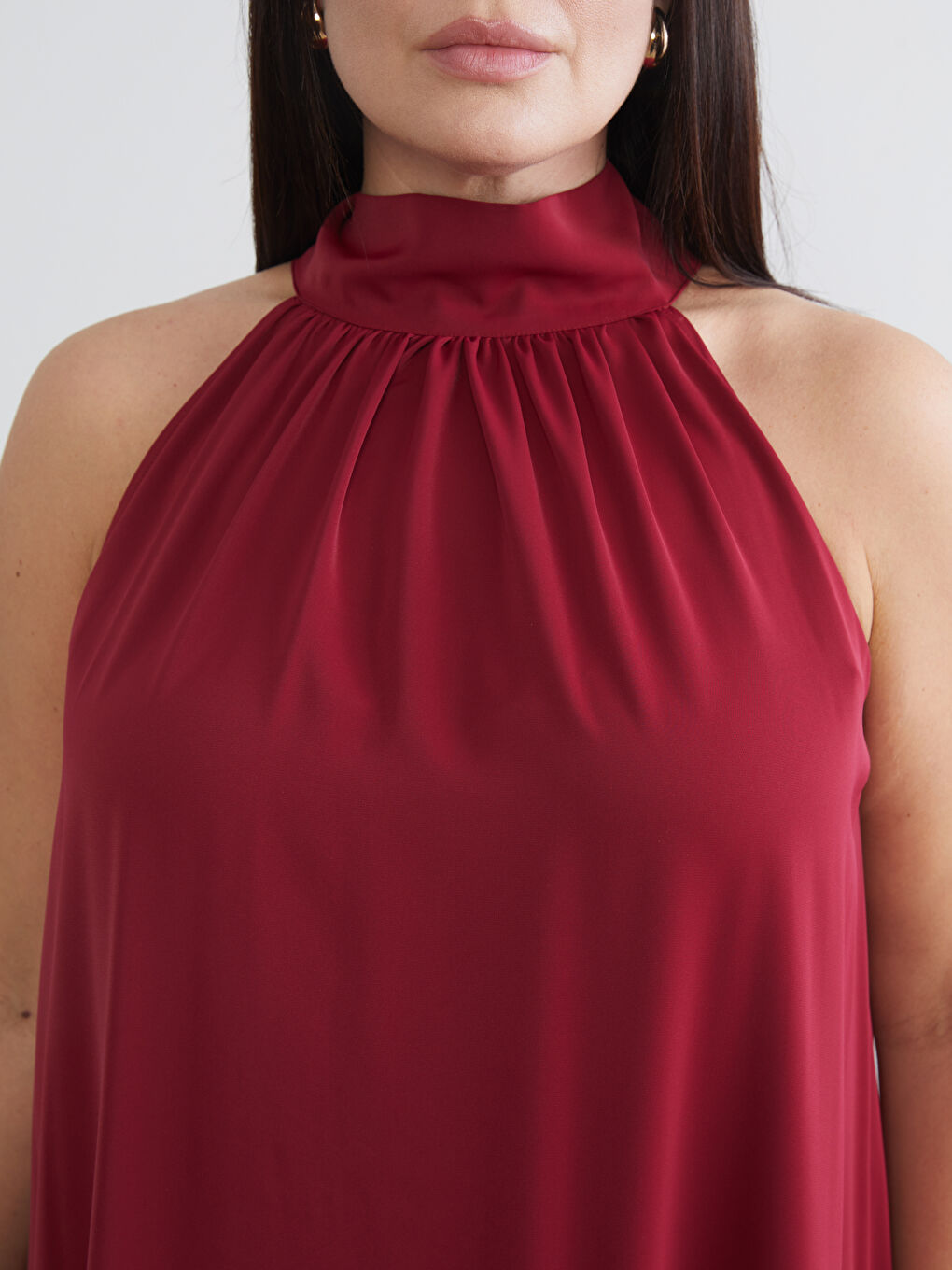 Bordo Büyük Beden Halter Yaka Büzgülü Elbise-2