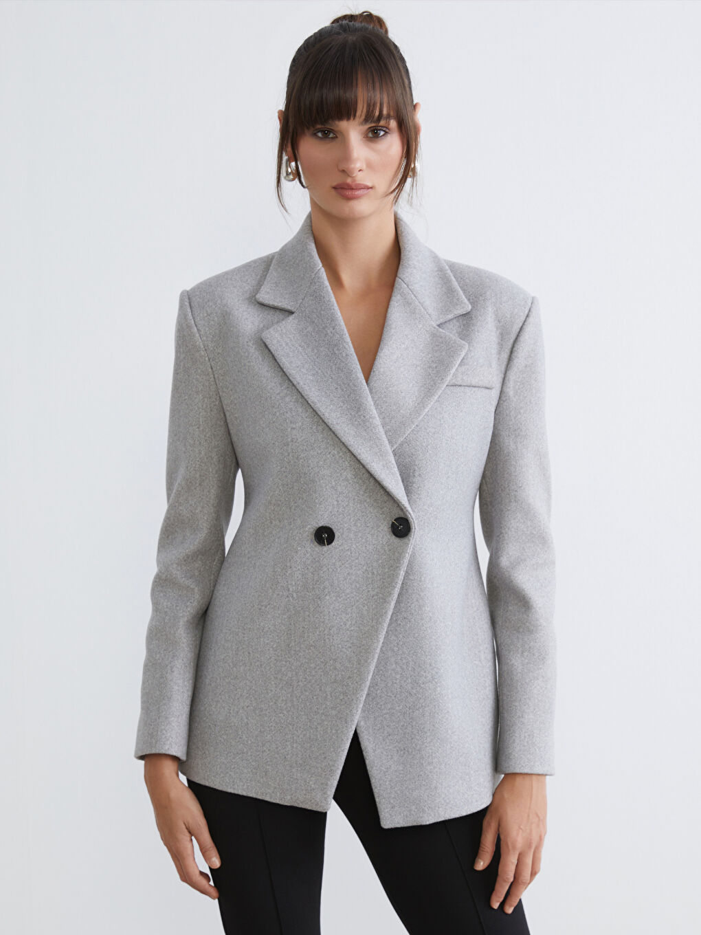 Gri Kruvaze Yaka Kadın Kaşe Blazer Ceket