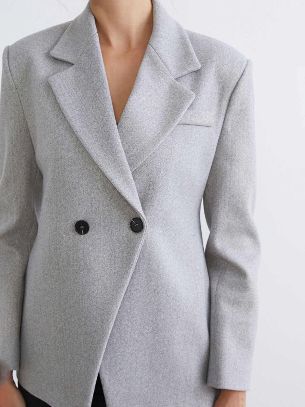Gri Kruvaze Yaka Kadın Kaşe Blazer Ceket-2