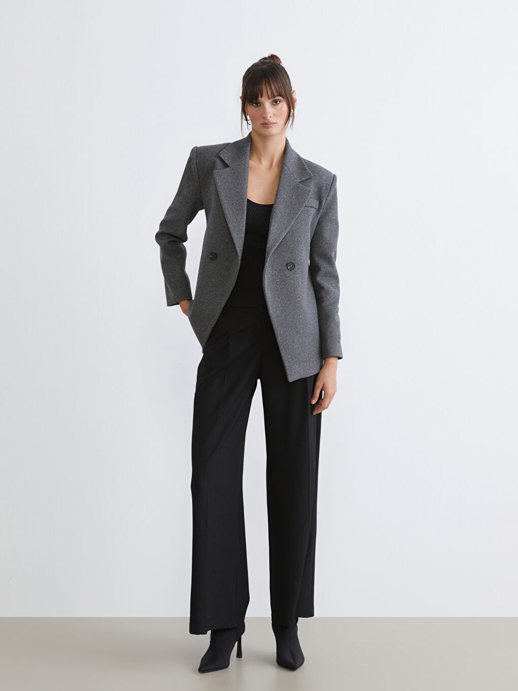 Antrasit Kruvaze Yaka Kadın Kaşe Blazer Ceket-1