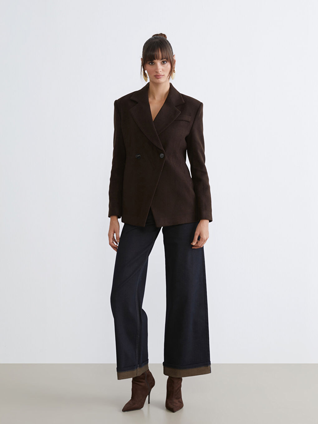 Kahverengi Kruvaze Yaka Kadın Kaşe Blazer Ceket-1