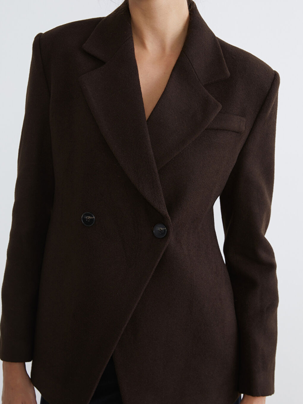 Kahverengi Kruvaze Yaka Kadın Kaşe Blazer Ceket-2