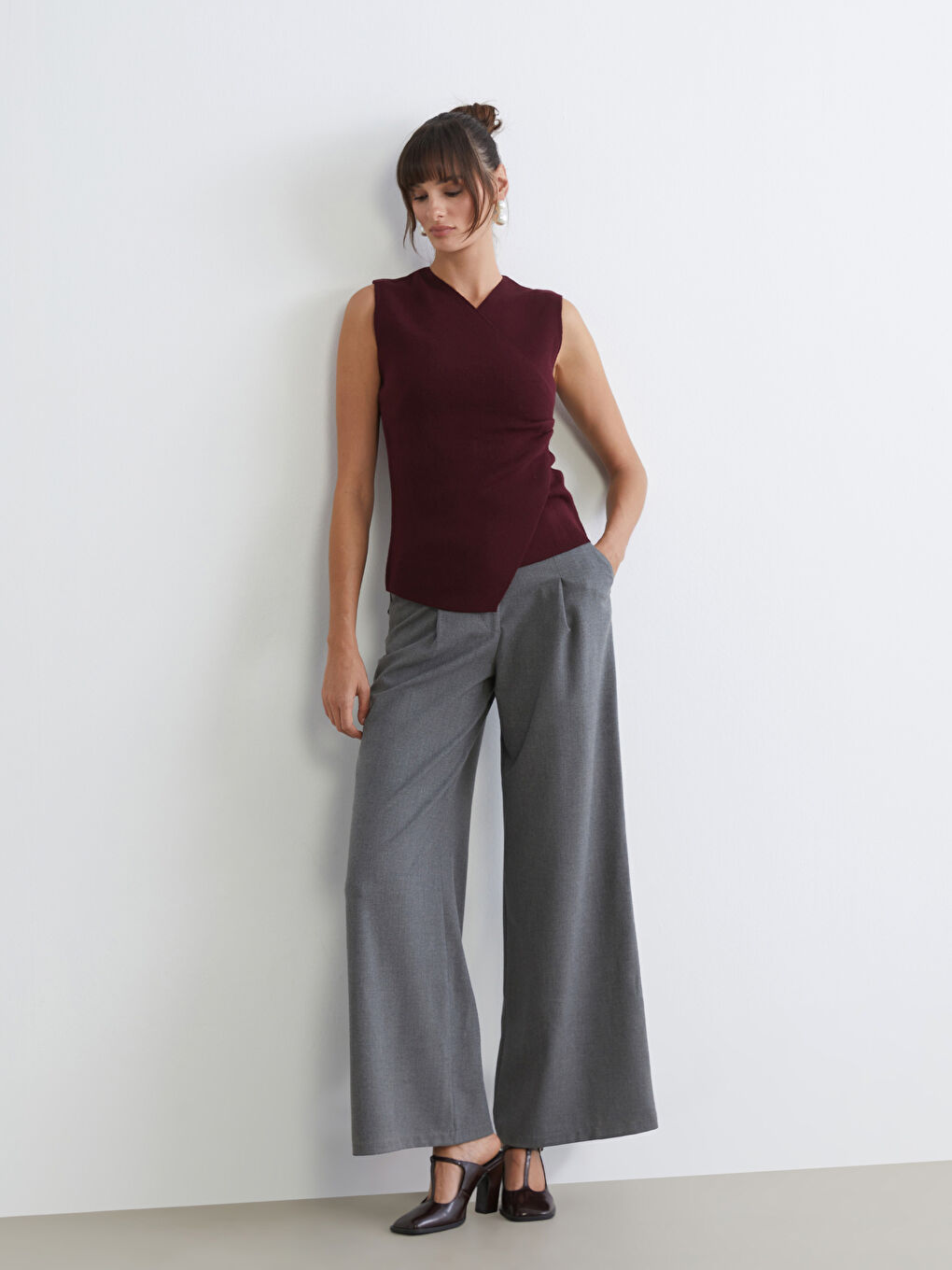 Mürdüm Loose Fit Geniş Paça Kadın Pileli Pantolon