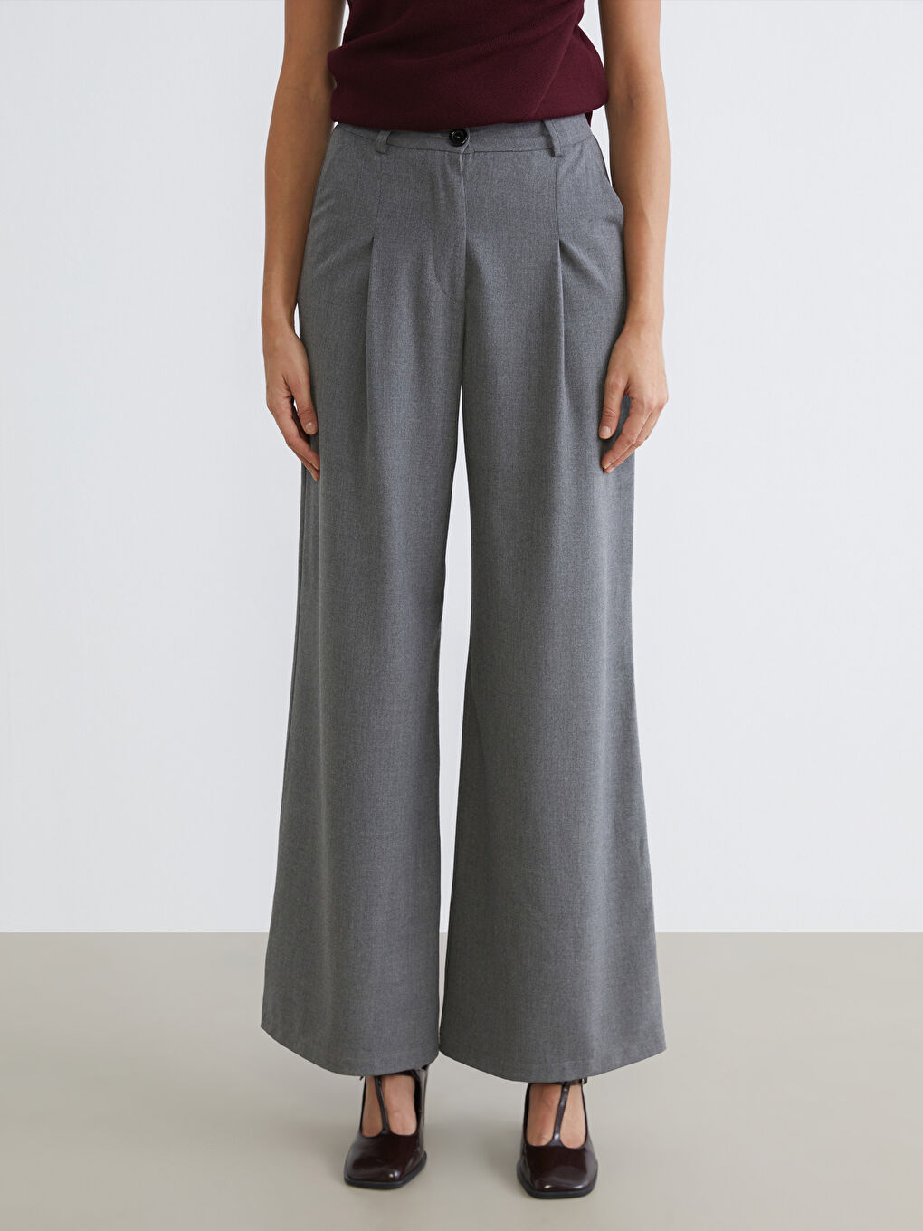 Mürdüm Loose Fit Geniş Paça Kadın Pileli Pantolon-1