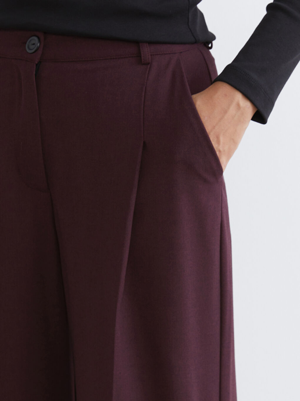 Mürdüm Loose Fit Geniş Paça Kadın Pileli Pantolon-2