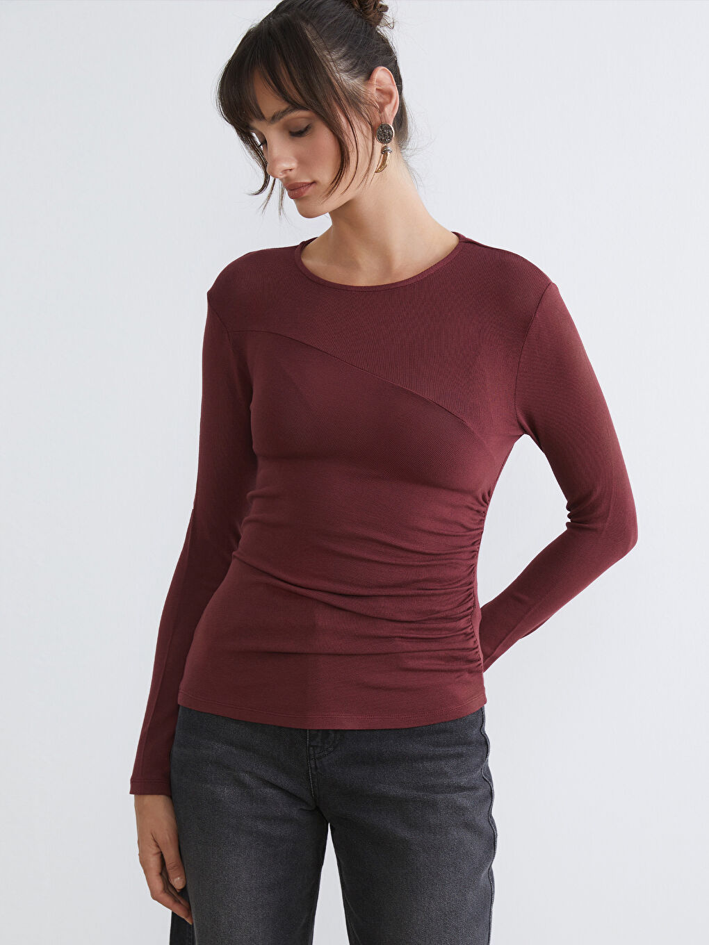 Bordo Bisiklet Yaka Büzgülü Kadın Body