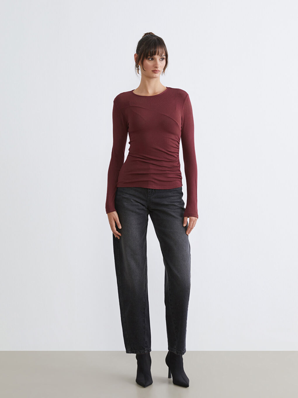 Bordo Bisiklet Yaka Büzgülü Kadın Body-1