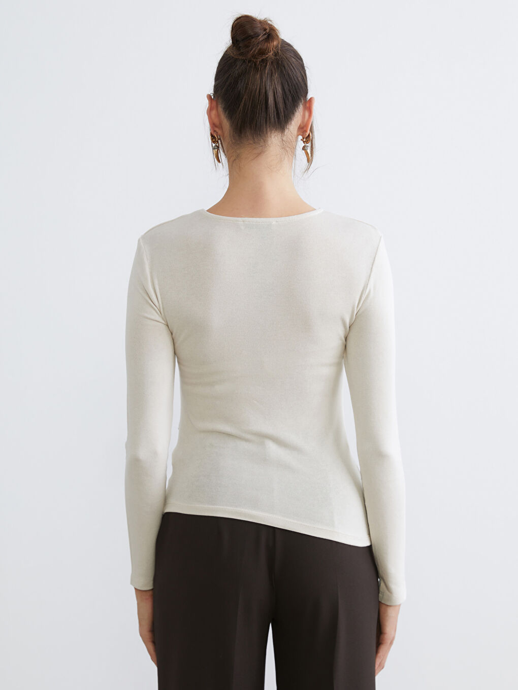 Bej Bisiklet Yaka Büzgülü Kadın Body-3