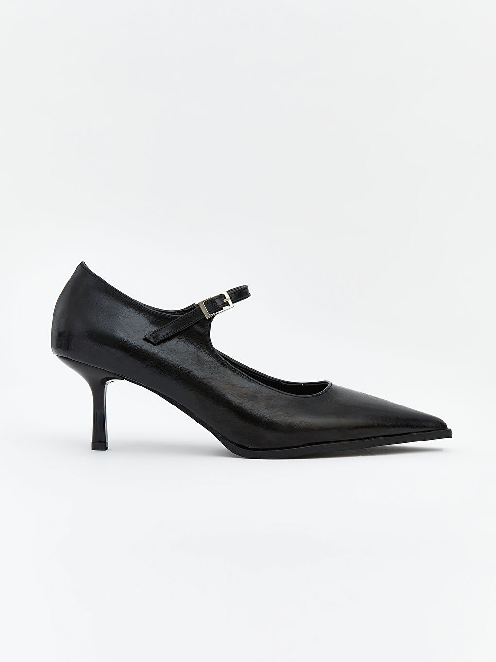 Siyah Deri Görünümlü Sivri Burun Kadın Topuklu Ayakkabı-1