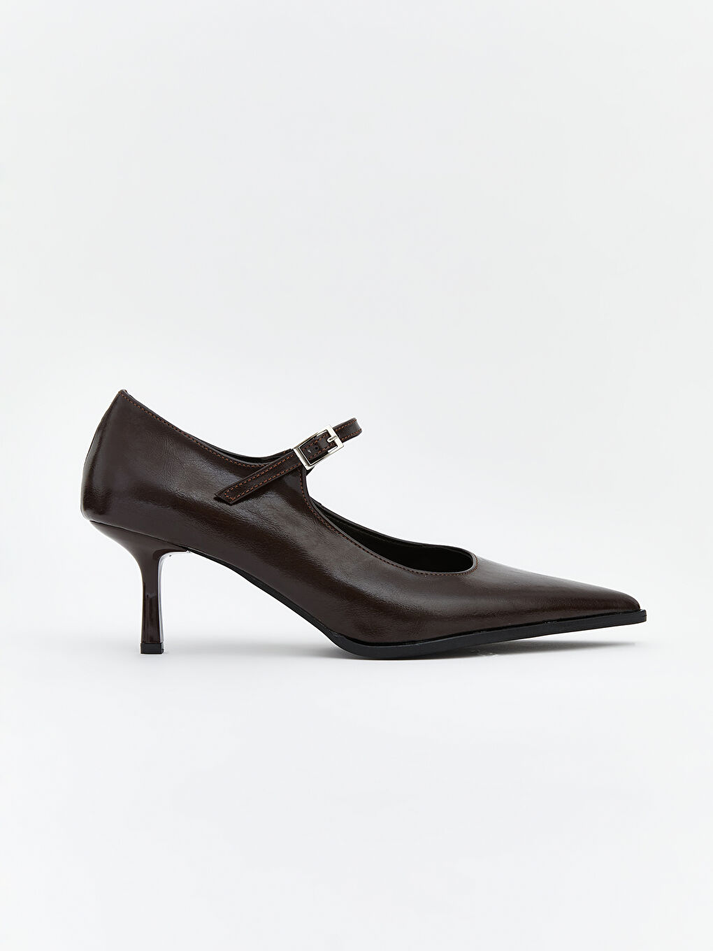 Kahverengi Deri Görünümlü Sivri Burun Kadın Topuklu Ayakkabı-1