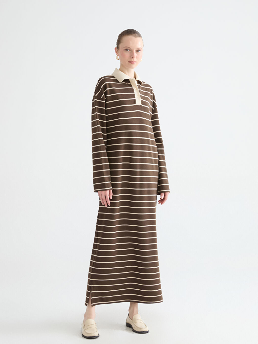 Kahverengi Gömlek Yaka Çizgili Elbise-1