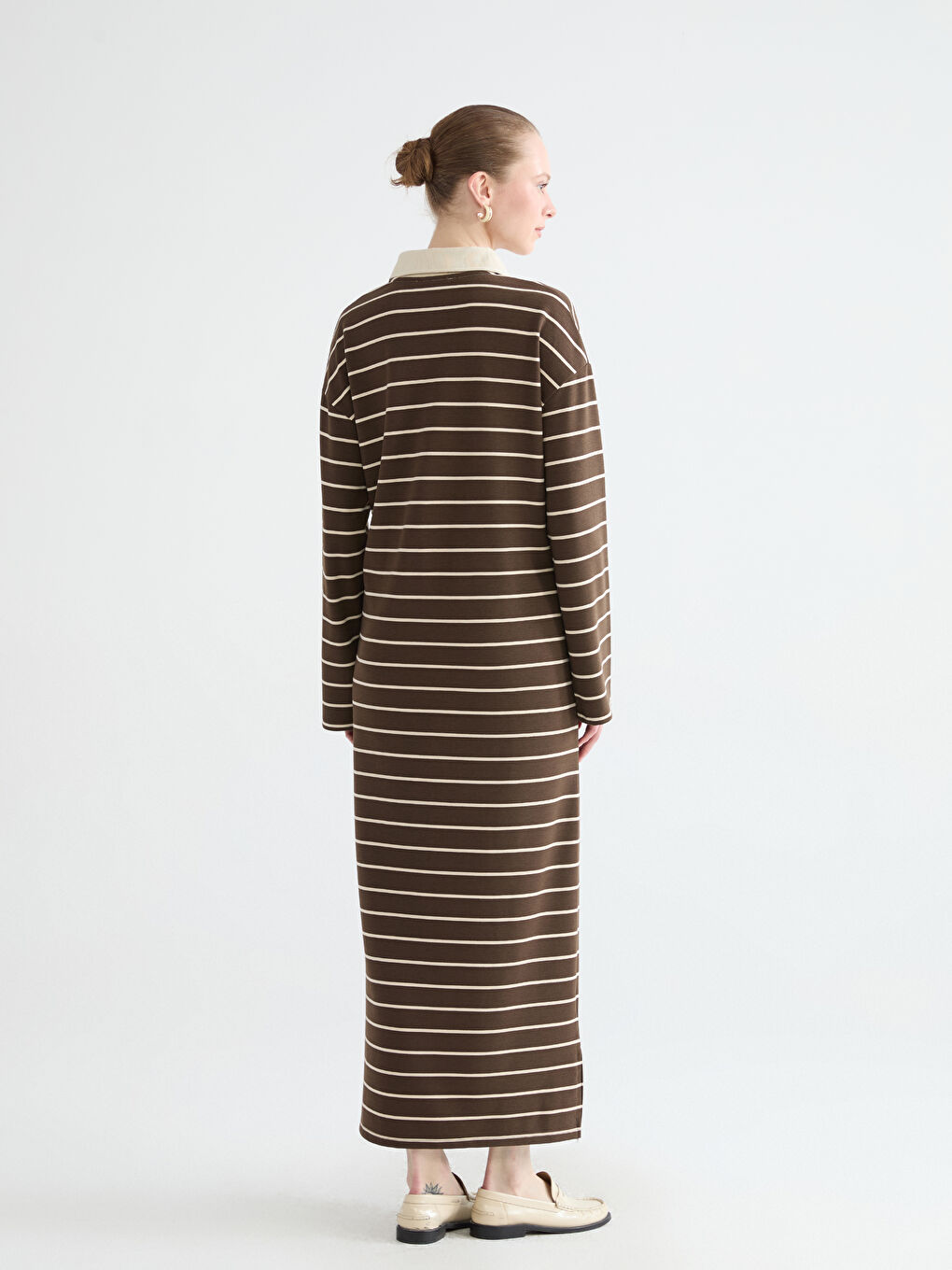 Kahverengi Gömlek Yaka Çizgili Elbise-4