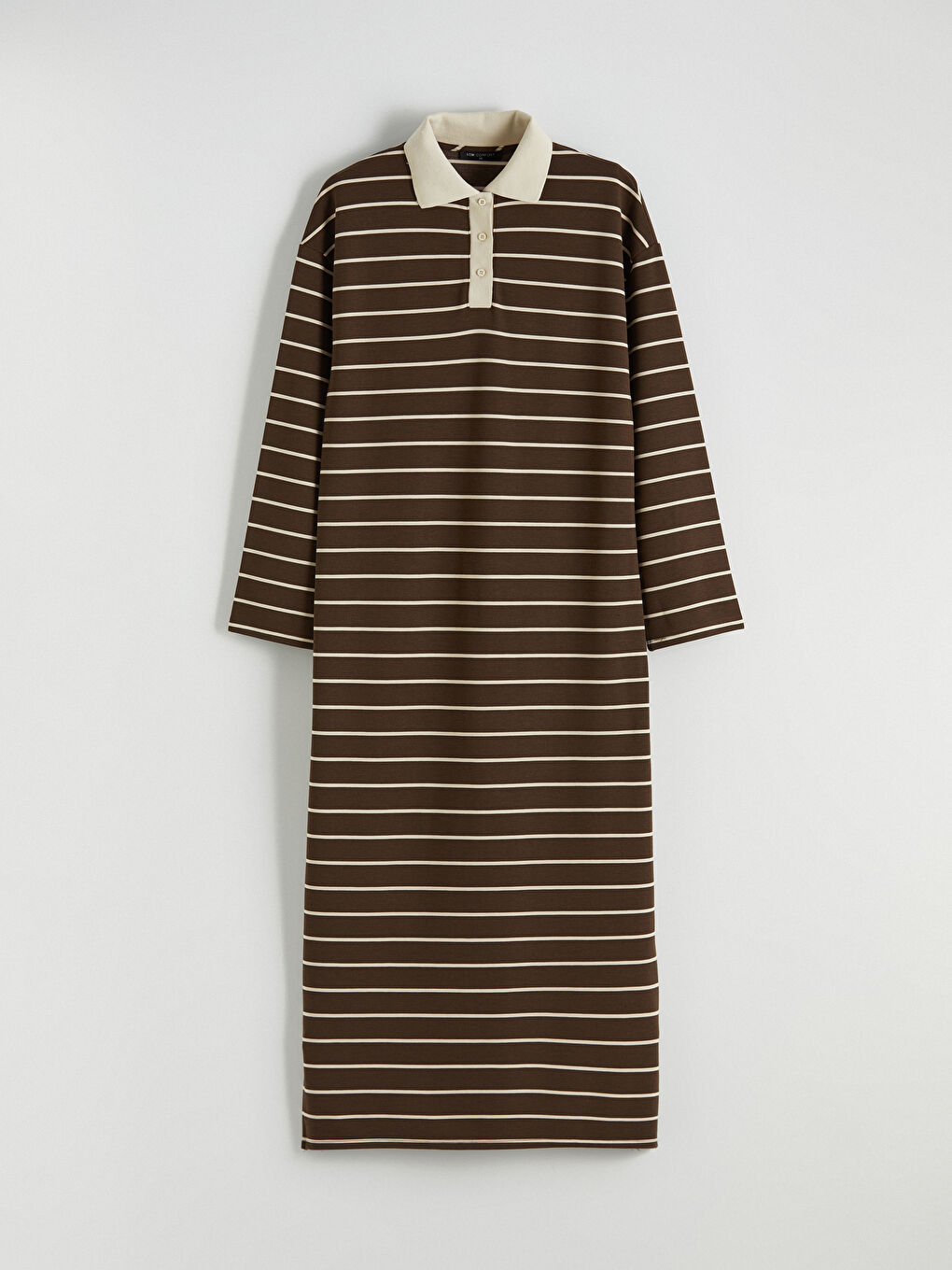 Kahverengi Gömlek Yaka Çizgili Elbise-5