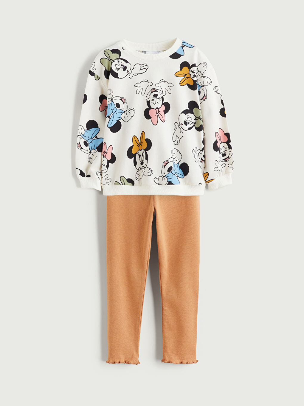 Ekru Bisiklet Yaka Minnie Mouse Baskılı Kız Bebek Sweatshirt ve Tayt