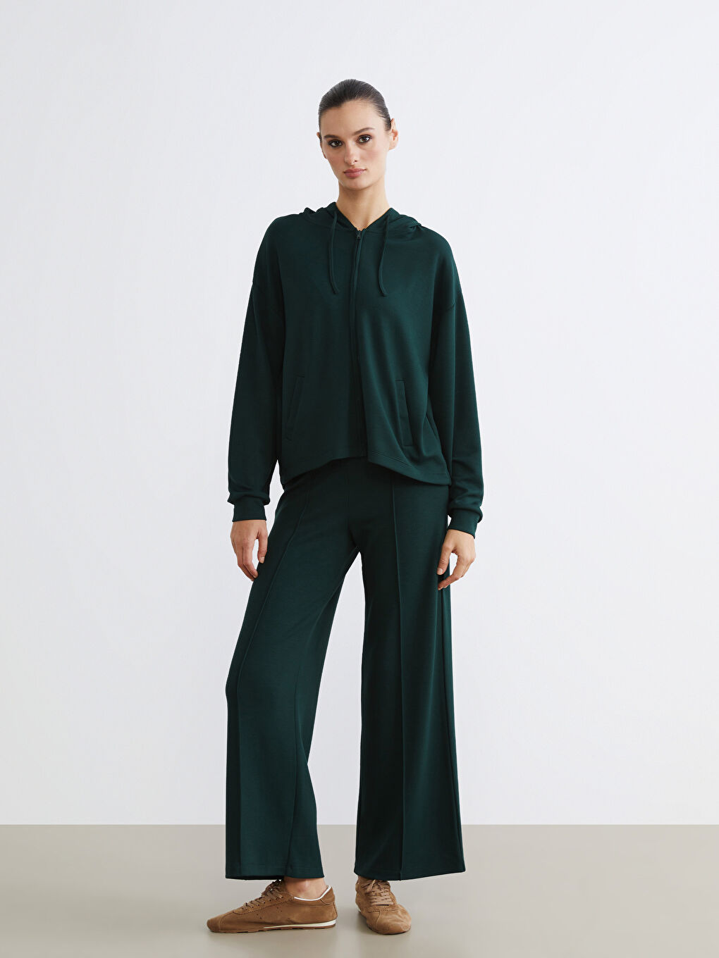 Petrol Kapüşonlu Kadın Fermuarlı Sweatshirt-1