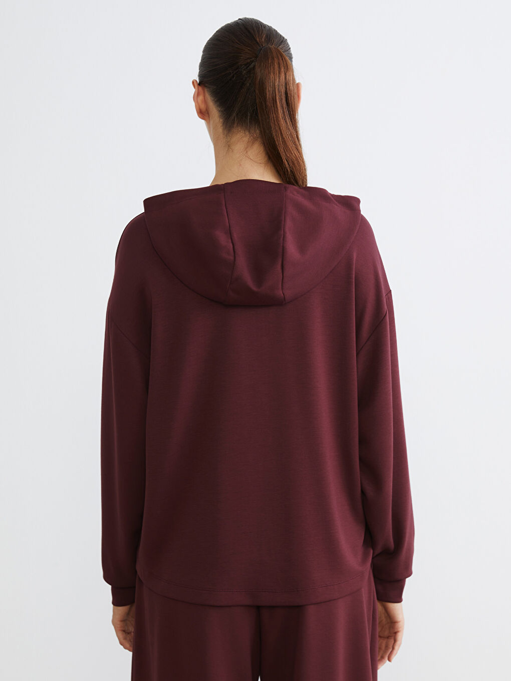 Bordo Kapüşonlu Kadın Fermuarlı Sweatshirt-3