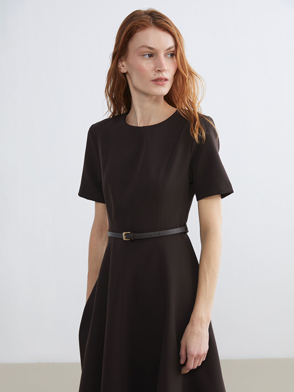 Kahverengi Bisiklet Yaka Belden Oturtmalı Elbise-1