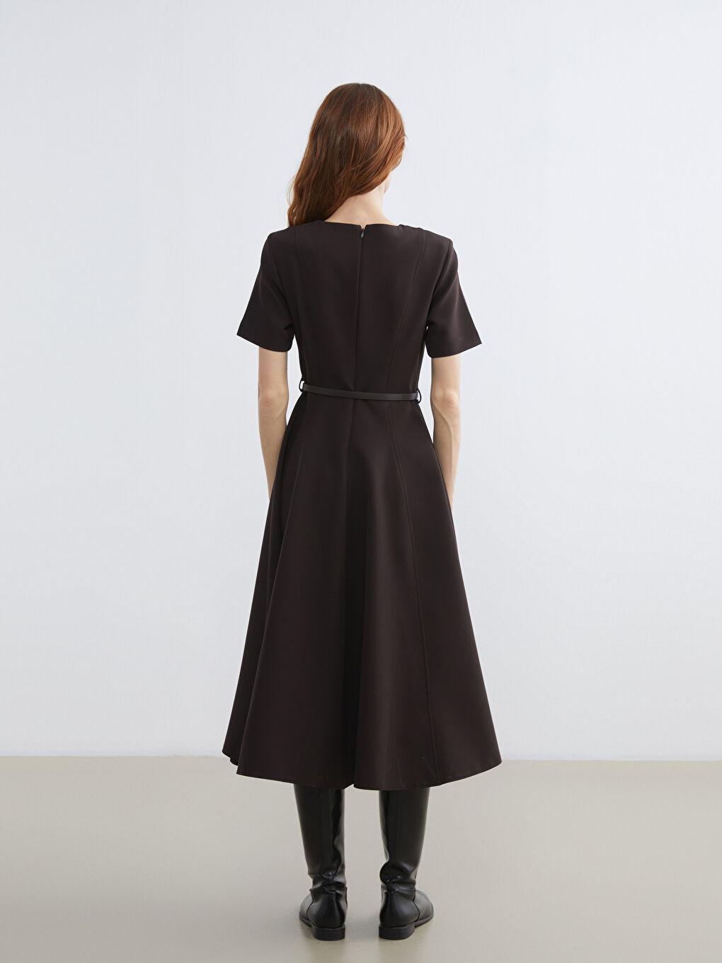 Kahverengi Bisiklet Yaka Belden Oturtmalı Elbise-4