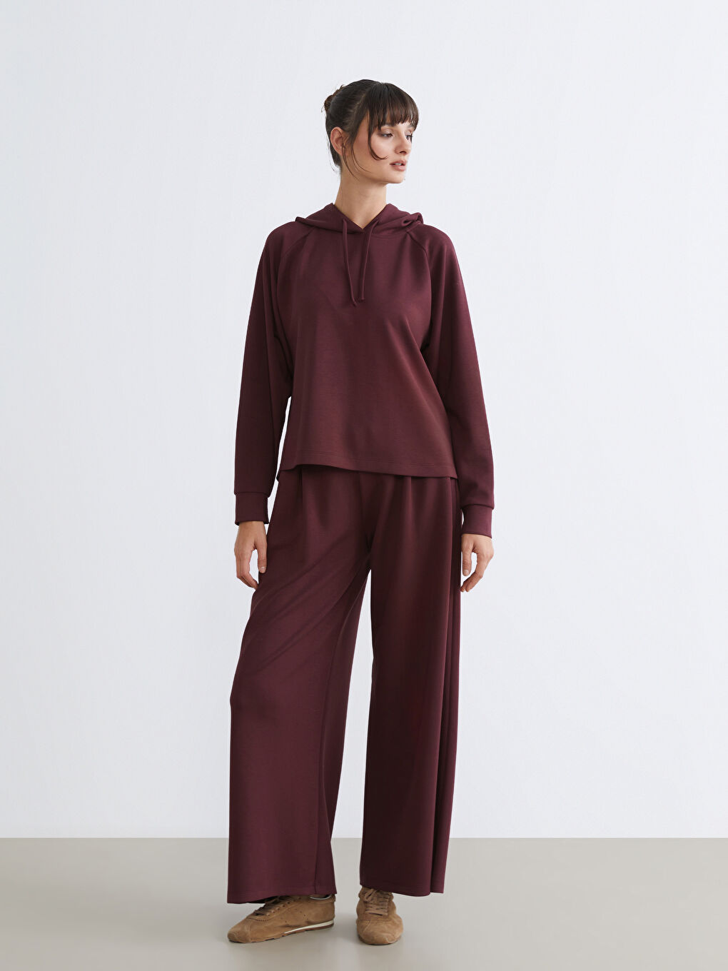 Bordo Bağcıklı Kadın Hoodie-1