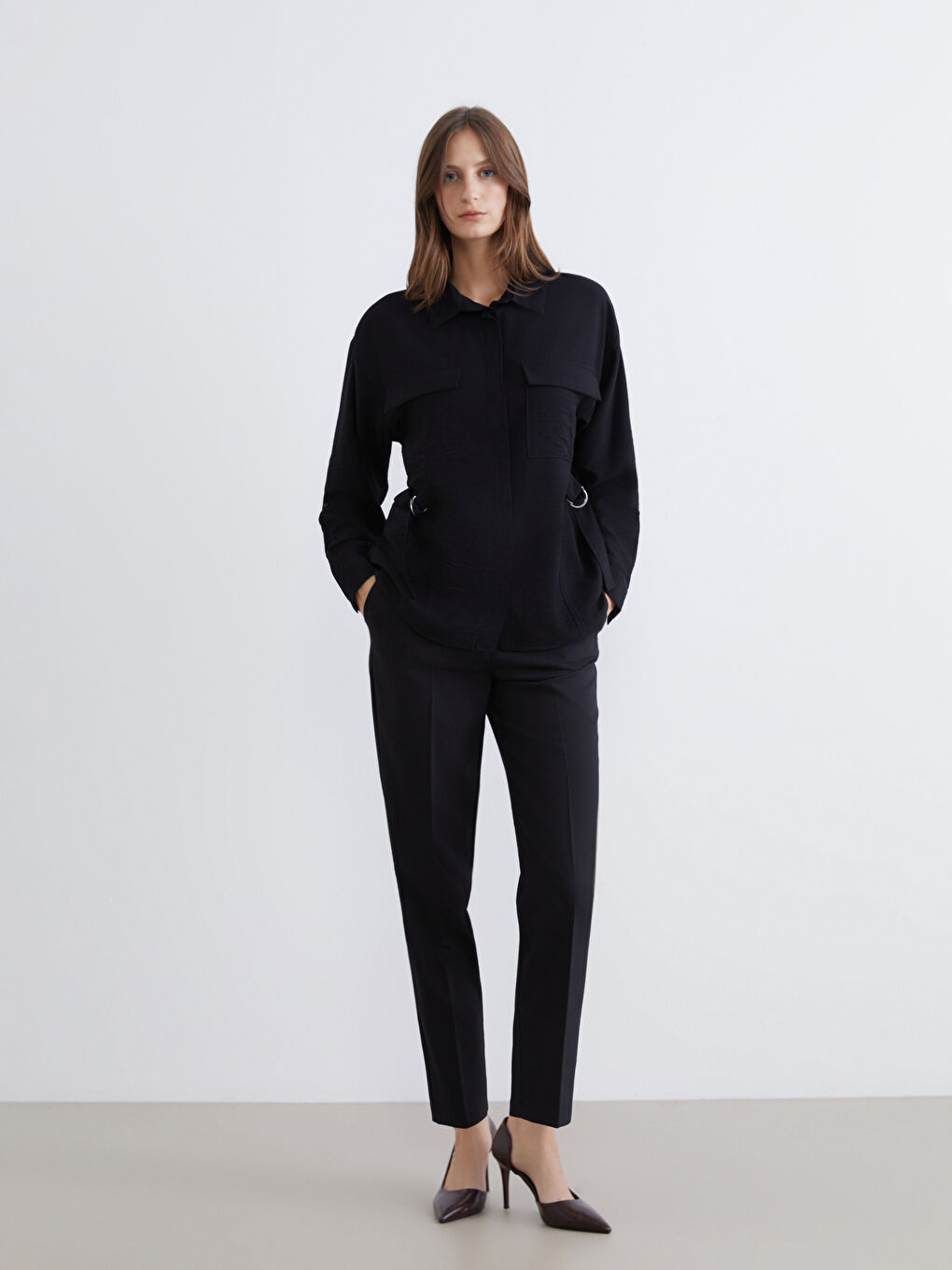 Siyah Loose Fit Kadın Gömlek-1