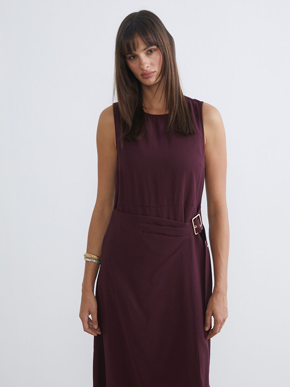 Bordo Bisiklet Yaka Krep Belden Oturtmalı Elbise-1