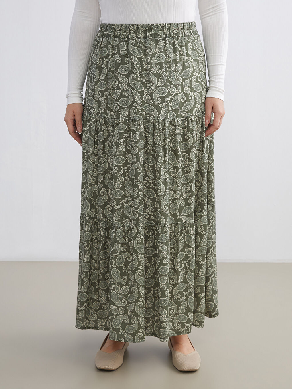 Haki Beli Lastikli Desenli Katkat Etek-1