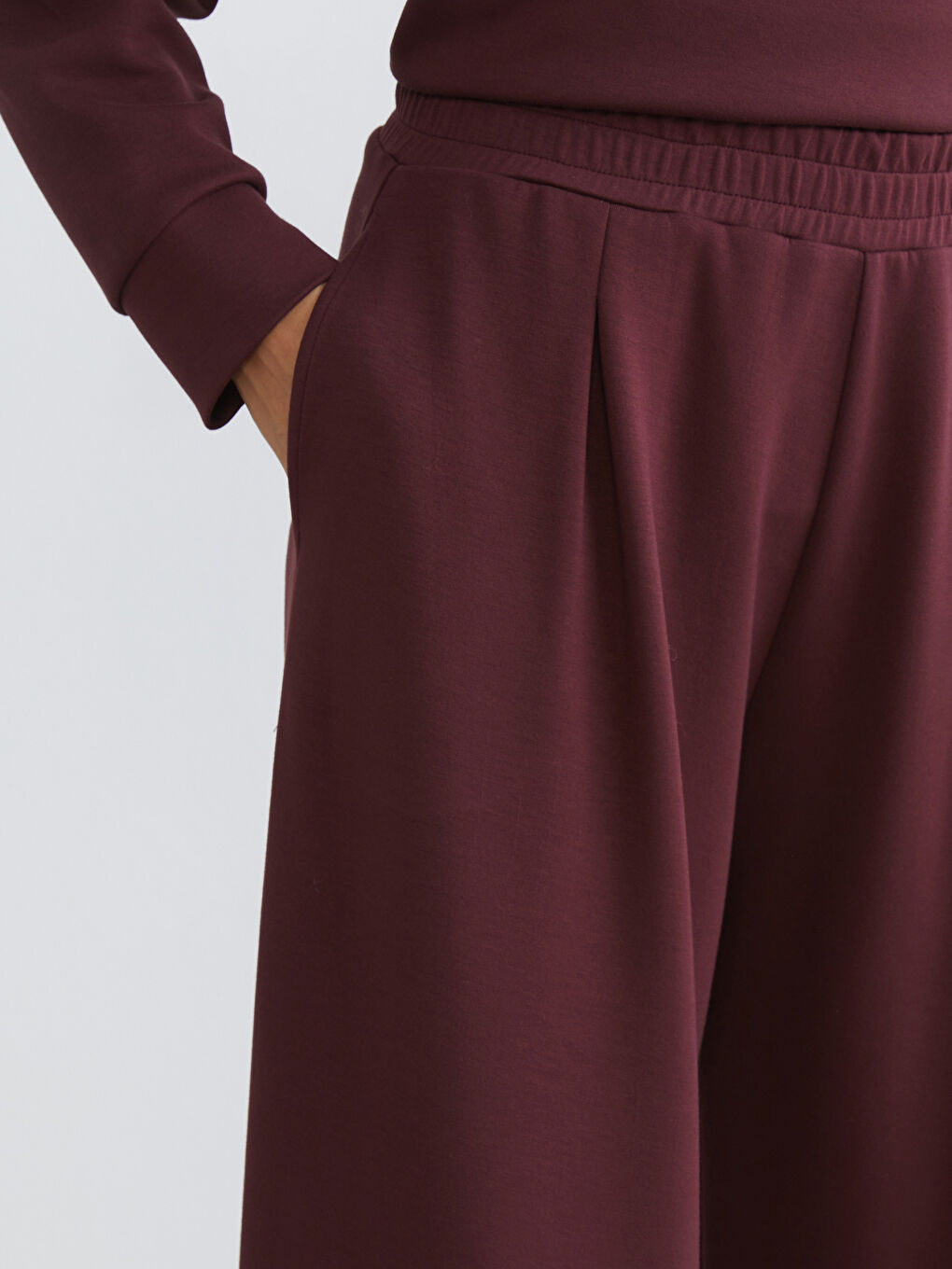 Bordo Beli Lastikli Geniş Paça Kadın Eşofman Altı-2