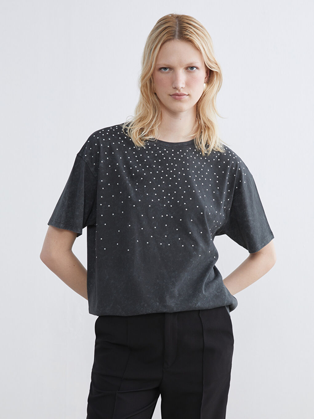 Mavi Bisiklet Yaka Taşlı Kadın Tişört-2