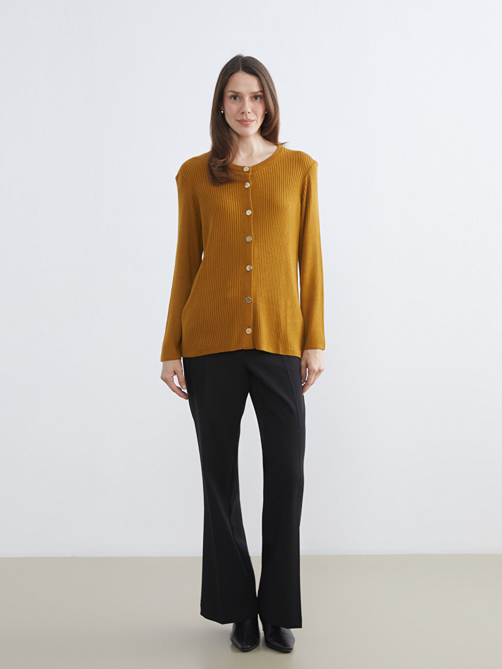 Sarı Bisiklet Yaka Kadın Triko Hırka-1