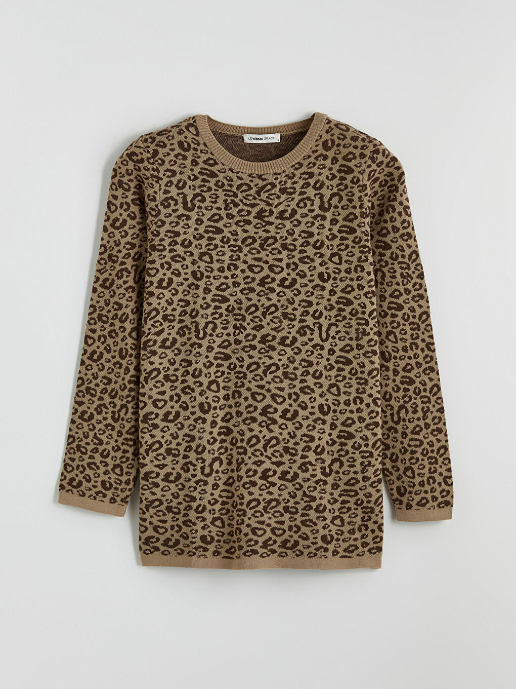 Kahverengi Bisiklet Yaka Leopar Desenli Kadın Triko Kazak-4
