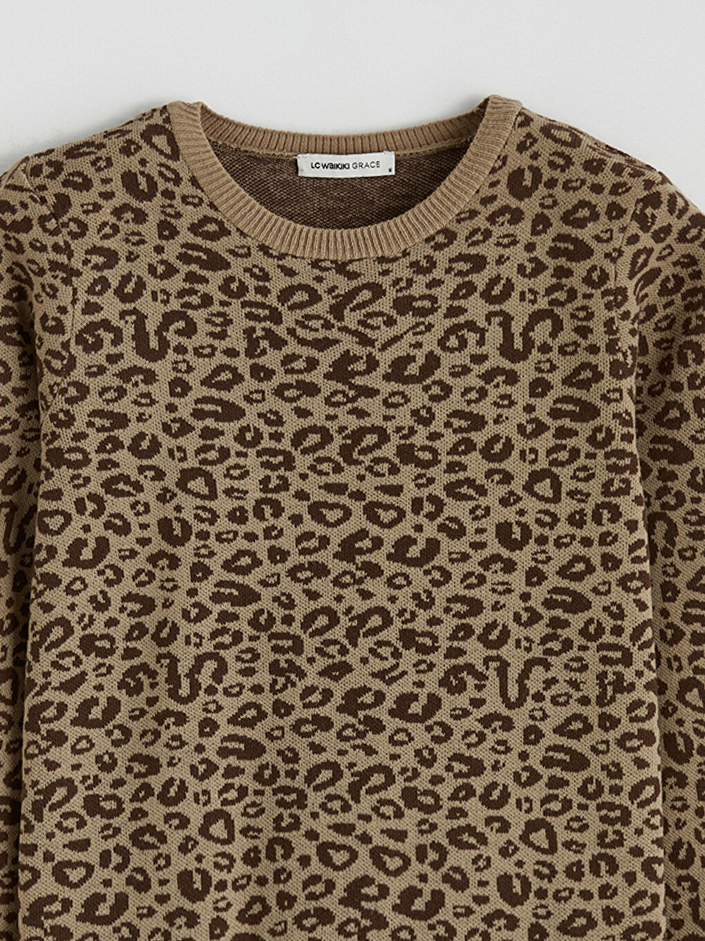 Kahverengi Bisiklet Yaka Leopar Desenli Kadın Triko Kazak-5