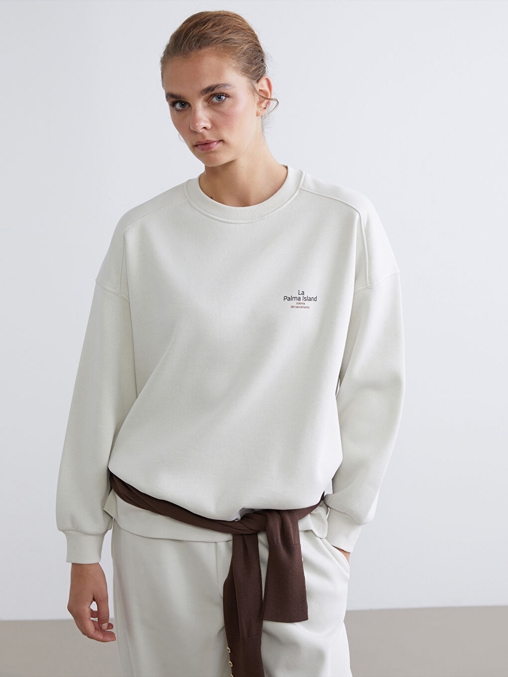 Gri Baskılı Oversize Kadın Kalın Sweatshirt