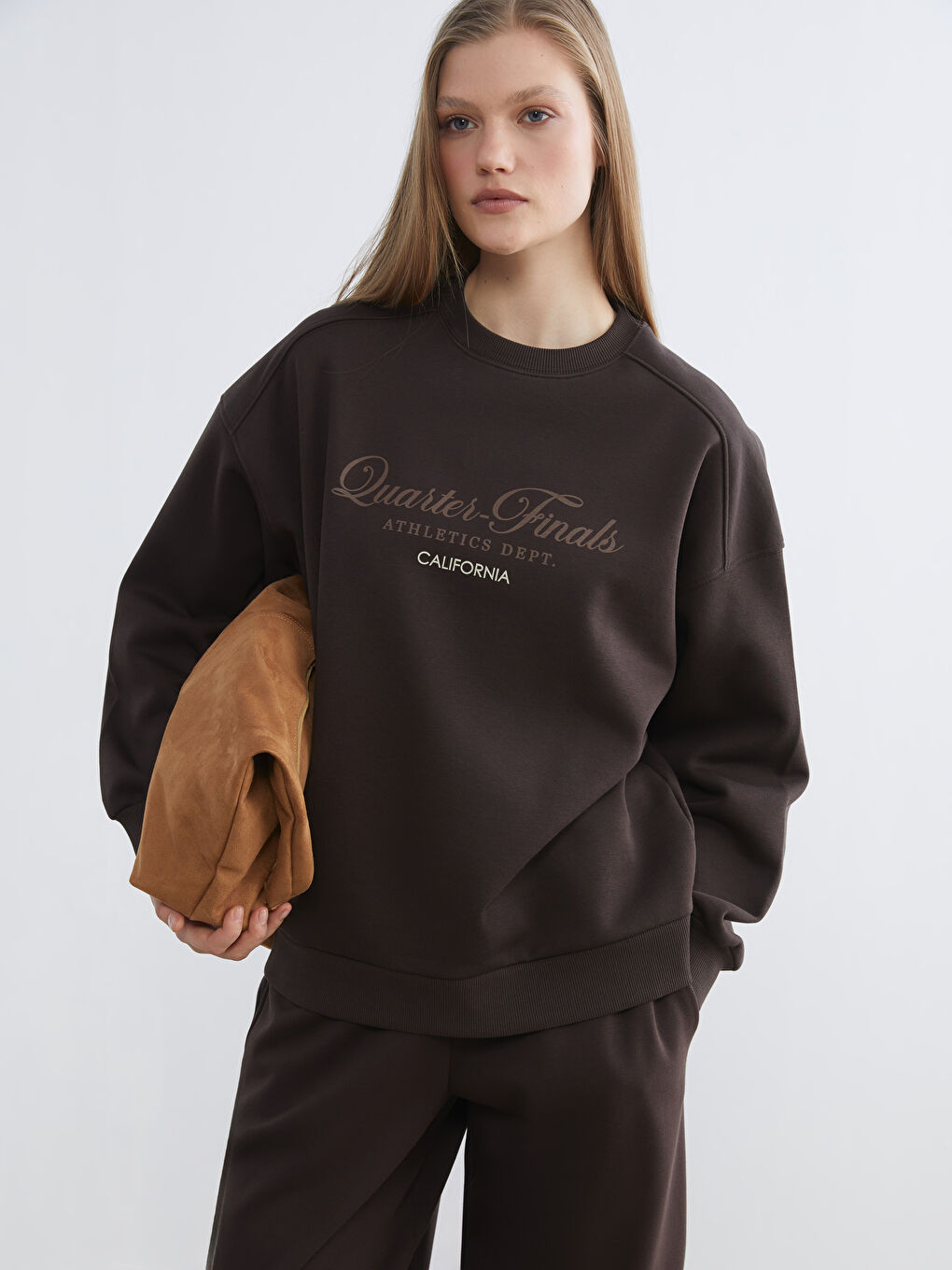 Kahverengi California Baskılı Kadın Kalın Sweatshirt